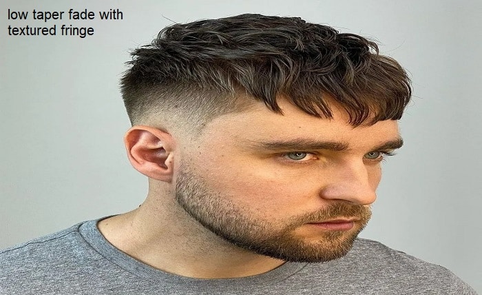 low taper fade with textured fringe